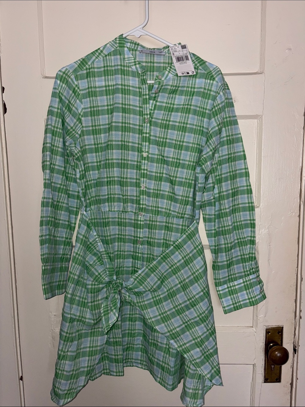 Mango Green and Light Blue Plaid Tie-Front Mini Dress